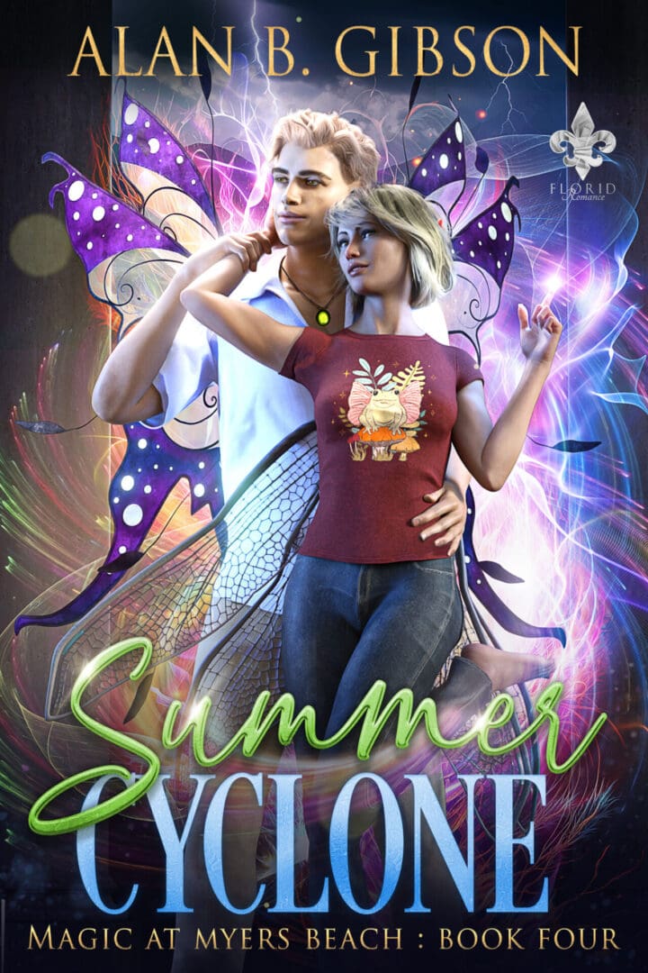 A magical couple with glowing wings stands united in a vibrant, mystical setting.